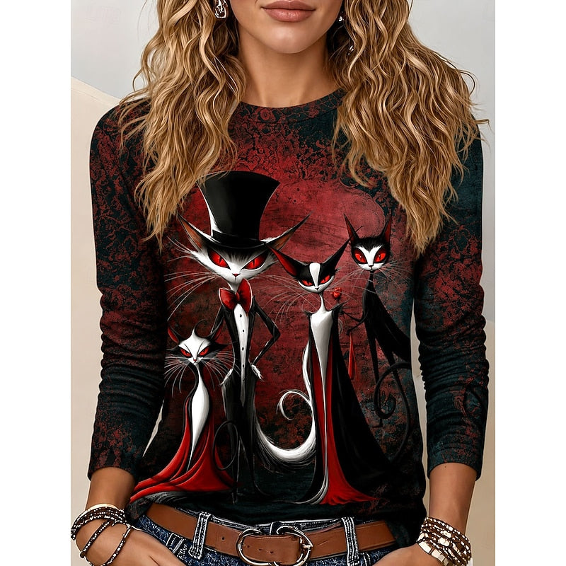 Lark™ | Women's Gothic Halloween Cat Print Long Sleeve Top