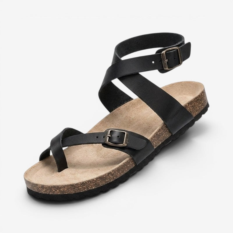 Flat Toe-Loop Sandals with Adjustable Buckle and Cork Footbed