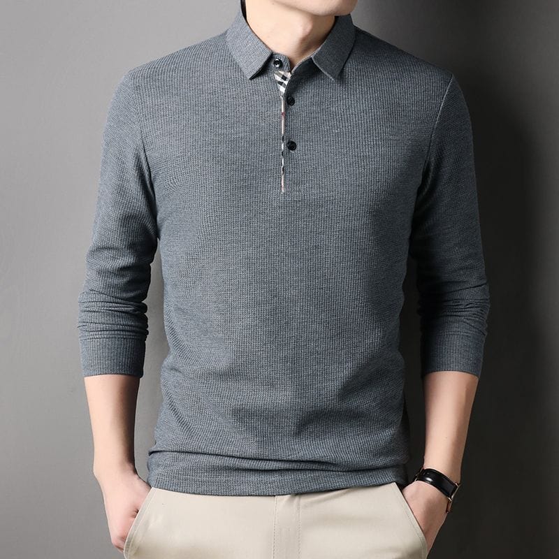 Teodor™ | Men's Long Sleeve Waffle-Texture Polo with Check Placket