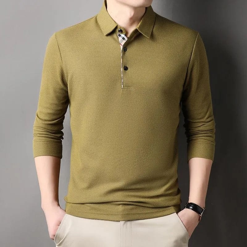 Teodor™ | Men's Long Sleeve Waffle-Texture Polo with Check Placket