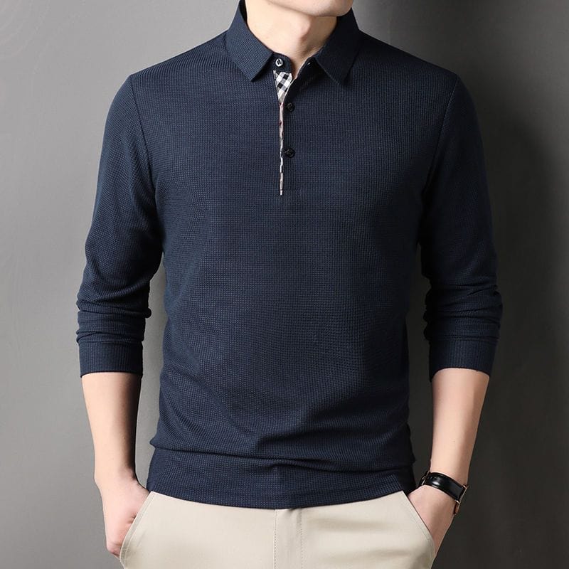 Teodor™ | Men's Long Sleeve Waffle-Texture Polo with Check Placket