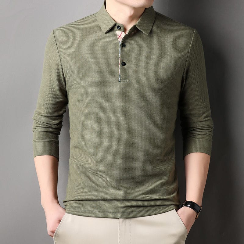 Teodor™ | Men's Long Sleeve Waffle-Texture Polo with Check Placket