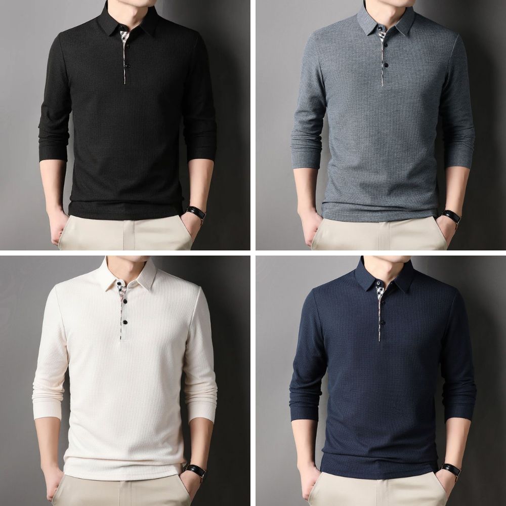 Teodor™ | Men's Long Sleeve Waffle-Texture Polo with Check Placket