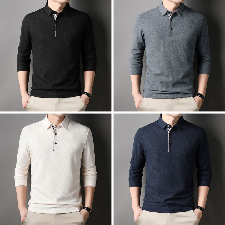 Teodor™ | Men's Long Sleeve Waffle-Texture Polo with Check Placket