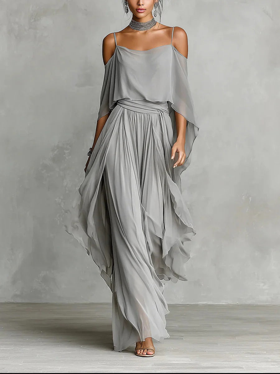 Isabela™ | Flowing Gray Outfit with Strappy Top & Lightweight Trousers