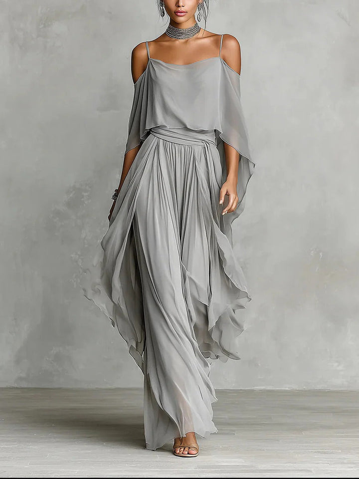 Isabela™ | Flowing Gray Outfit with Strappy Top & Lightweight Trousers