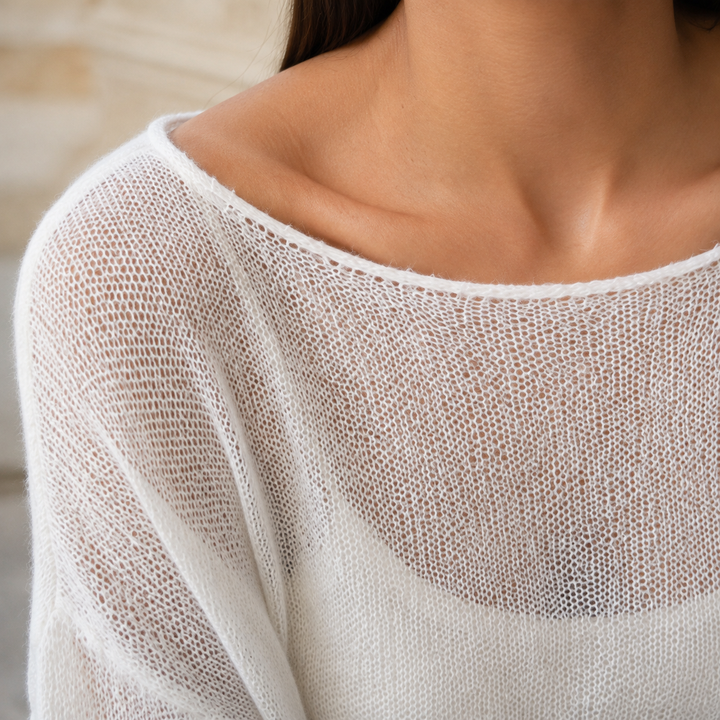 Olwen™ | Women's Boat Neck Open Knit Bell Sleeve Top