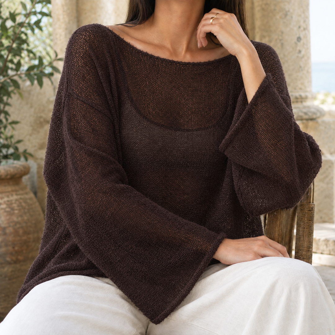 Olwen™ | Women's Boat Neck Open Knit Bell Sleeve Top