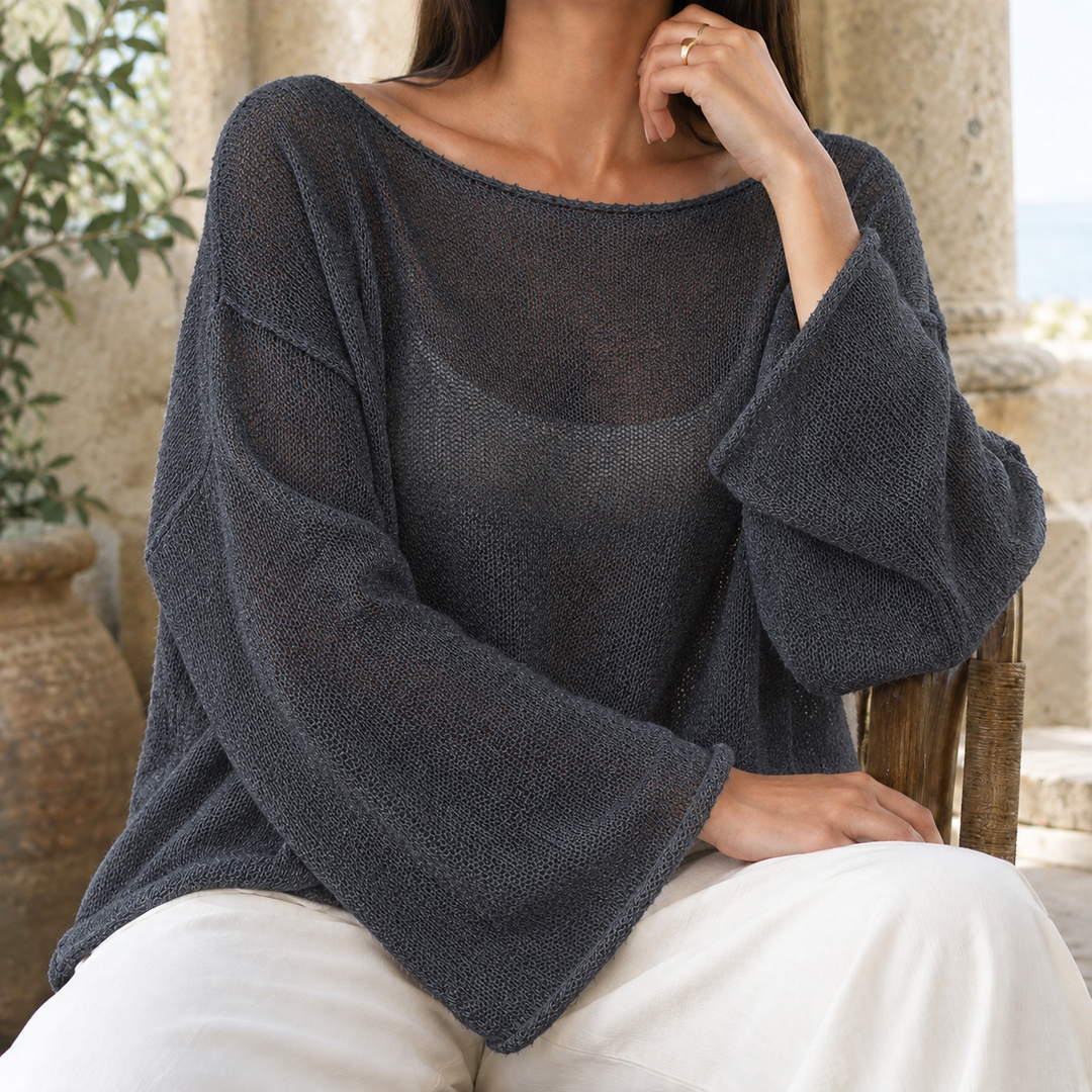 Olwen™ | Women's Boat Neck Open Knit Bell Sleeve Top