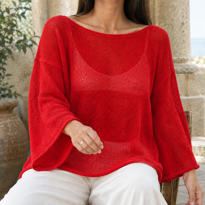 Olwen™ | Women's Boat Neck Open Knit Bell Sleeve Top