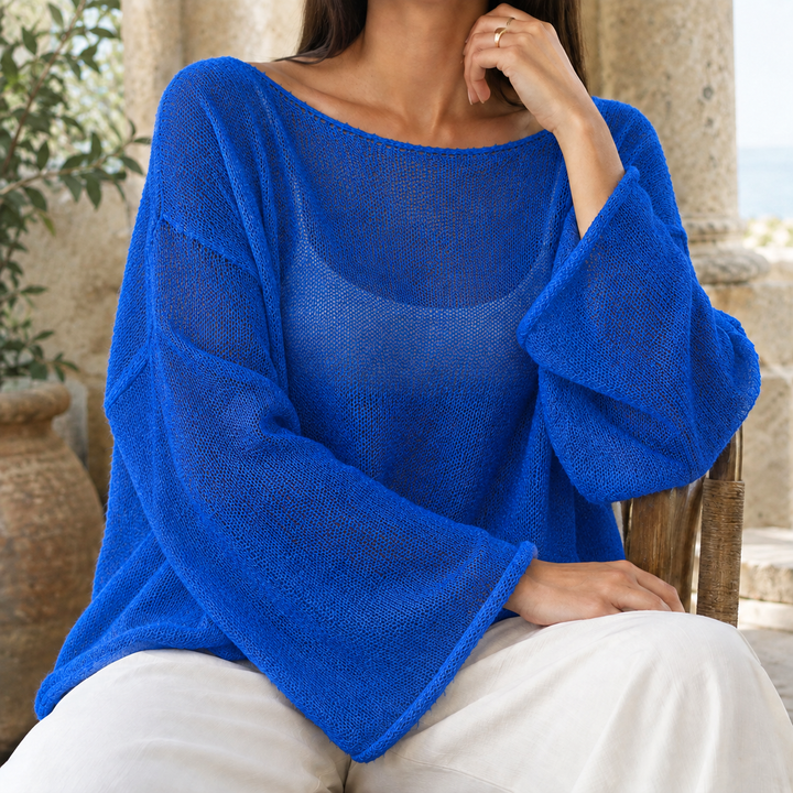 Olwen™ | Women's Boat Neck Open Knit Bell Sleeve Top