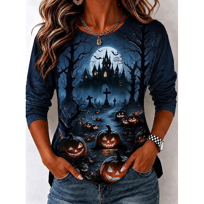 Rowena™ | Women's Moonlit Witch Print Halloween Long Sleeve Top