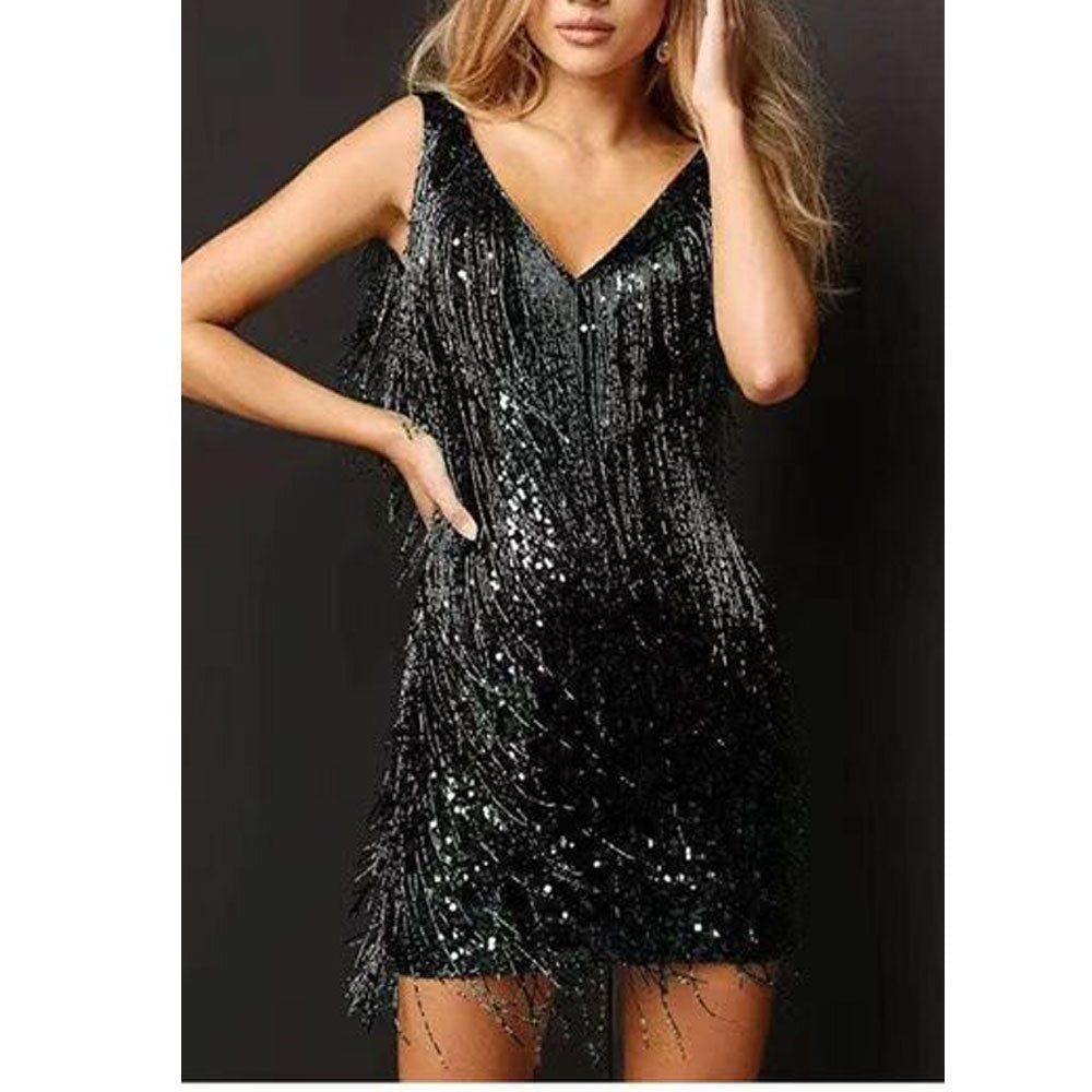 Isidora™ | Women's Sequin Fringe Mini Dress with V-Neck