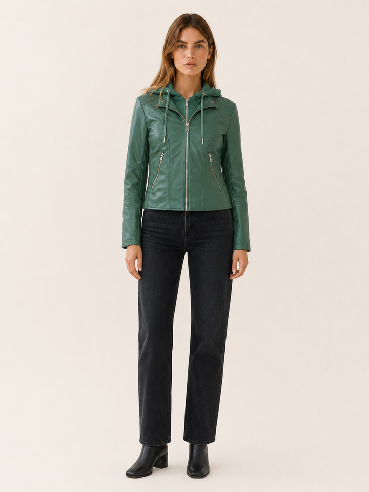 Kerensa™ | Hooded Biker Jacket with Zip Front