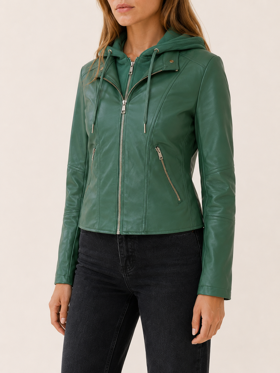 Kerensa™ | Hooded Biker Jacket with Zip Front