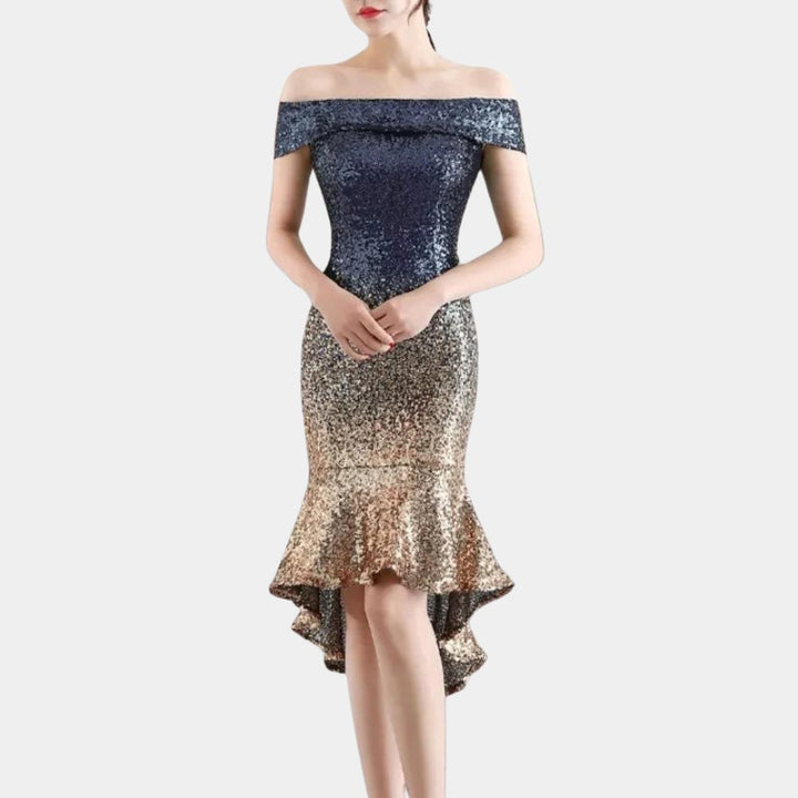 Kalinda™ | Women's Sequin Off-Shoulder Midi Dress with High-Low Hem