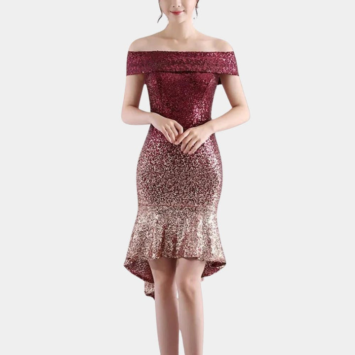 Kalinda™ | Women's Sequin Off-Shoulder Midi Dress with High-Low Hem