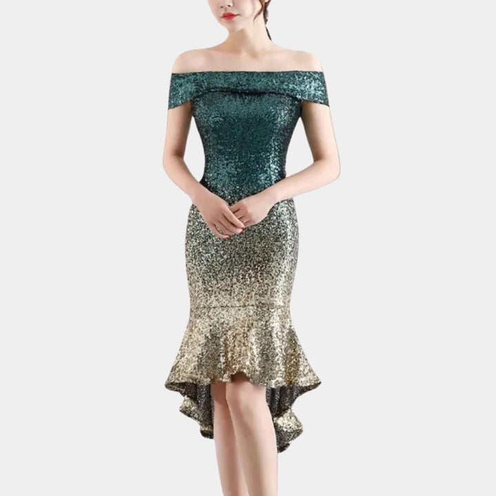Kalinda™ | Women's Sequin Off-Shoulder Midi Dress with High-Low Hem