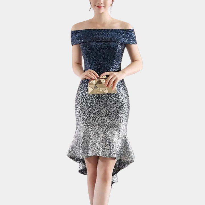 Kalinda™ | Women's Sequin Off-Shoulder Midi Dress with High-Low Hem