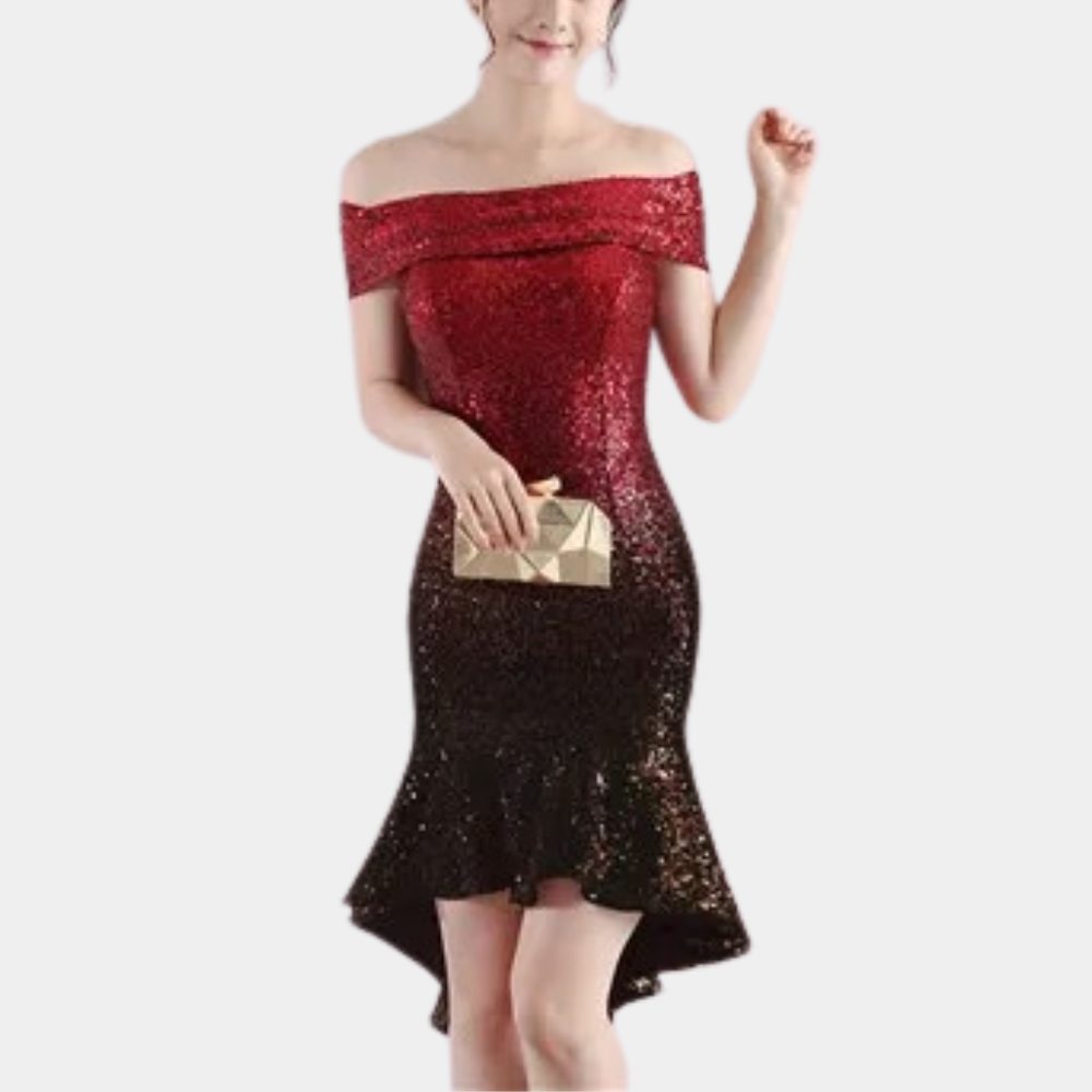 Kalinda™ | Women's Sequin Off-Shoulder Midi Dress with High-Low Hem