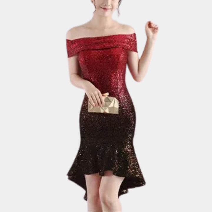 Kalinda™ | Women's Sequin Off-Shoulder Midi Dress with High-Low Hem