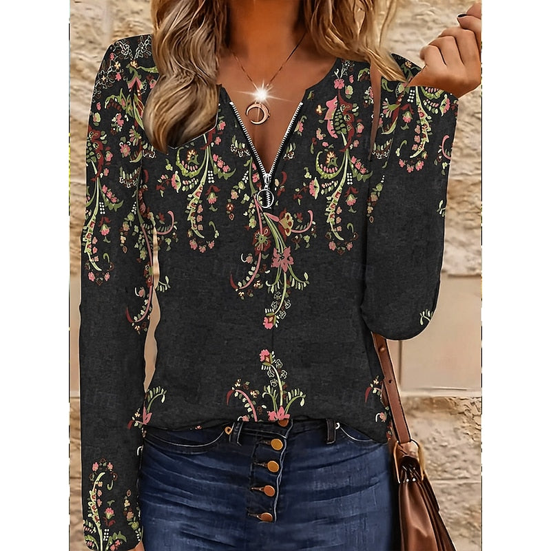 Azalea™ | Women's Floral Print Quarter-Zip Long Sleeve Top