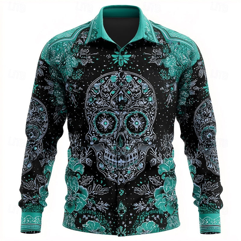 Fenwick™ | Men's Halloween Skull and Floral Print Button Up Shirt