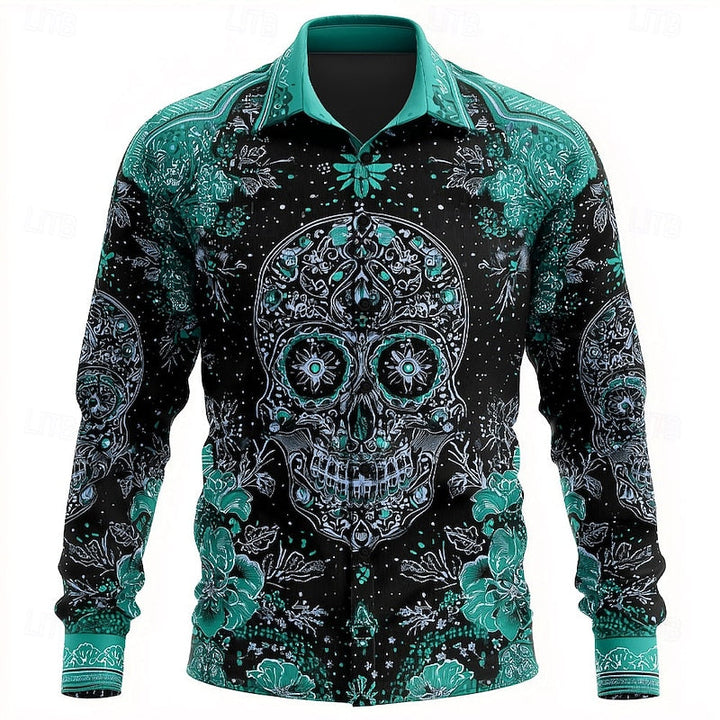 Fenwick™ | Men's Halloween Skull and Floral Print Button Up Shirt
