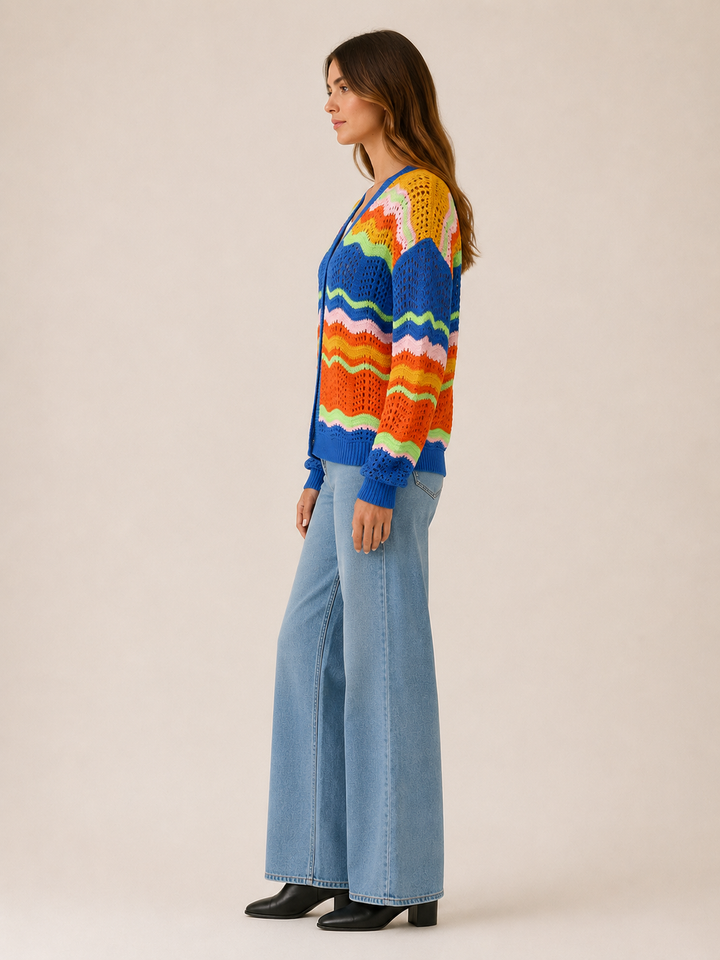 Leontine™ | Wave-Stripe Open-Front Cardigan