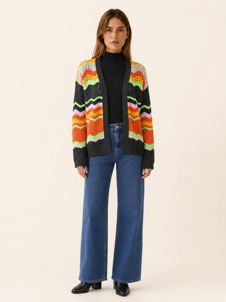 Leontine™ | Wave-Stripe Open-Front Cardigan