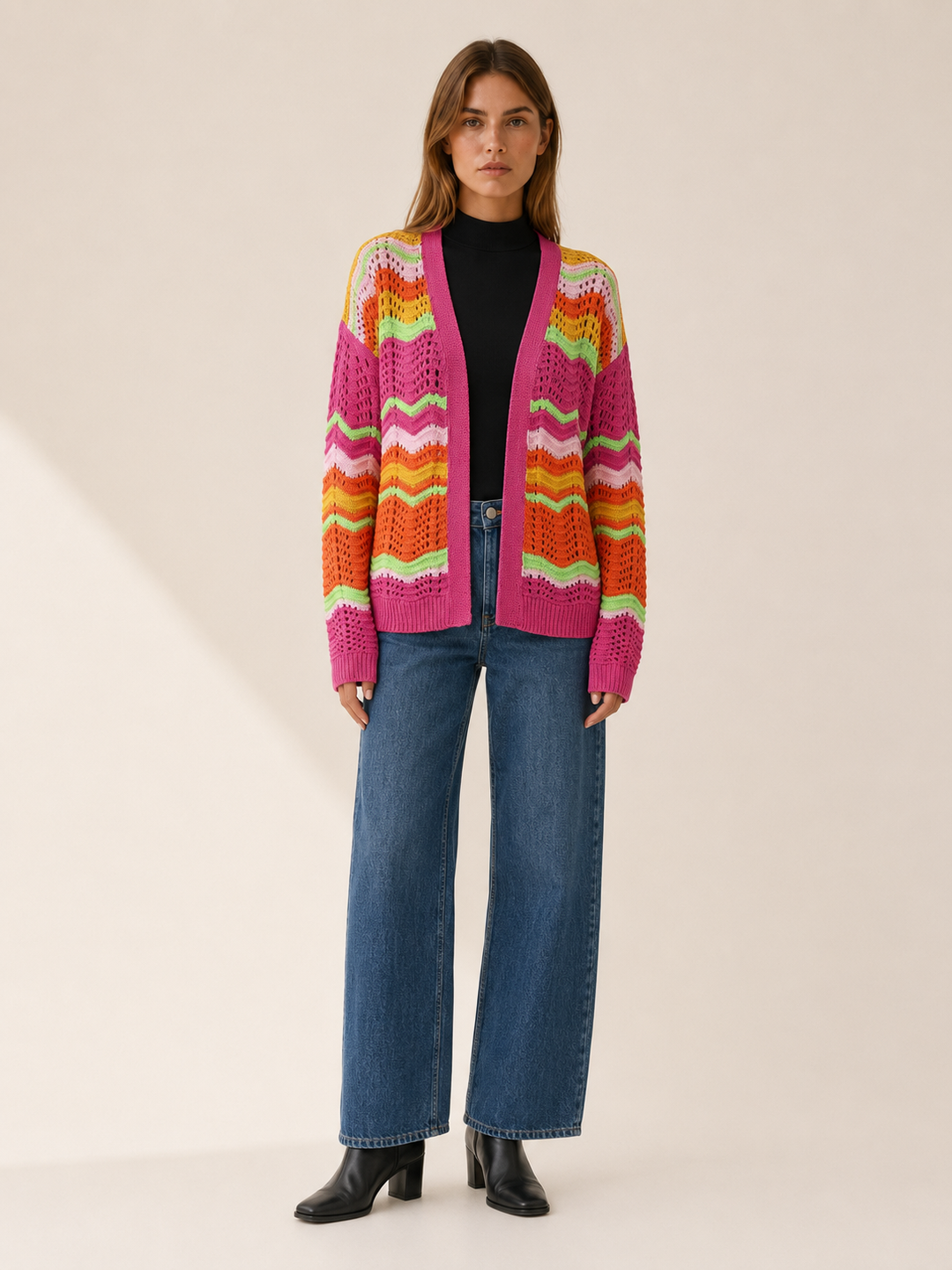 Leontine™ | Wave-Stripe Open-Front Cardigan
