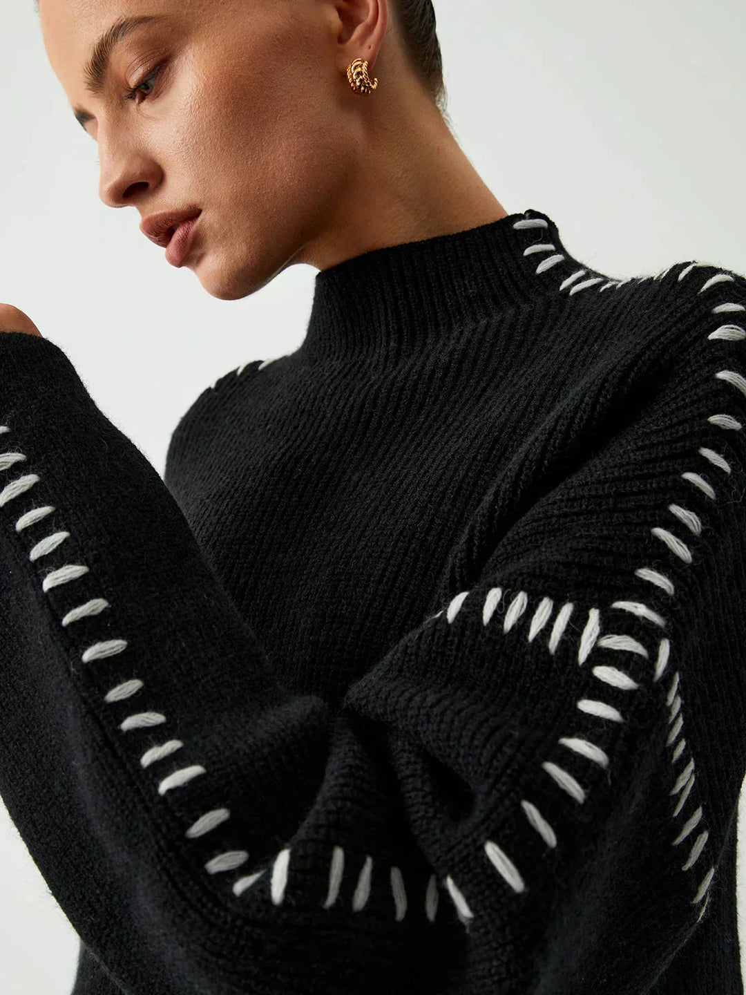 Editha™ | Women's Cropped Mock Neck Ribbed Sweater with Whipstitch