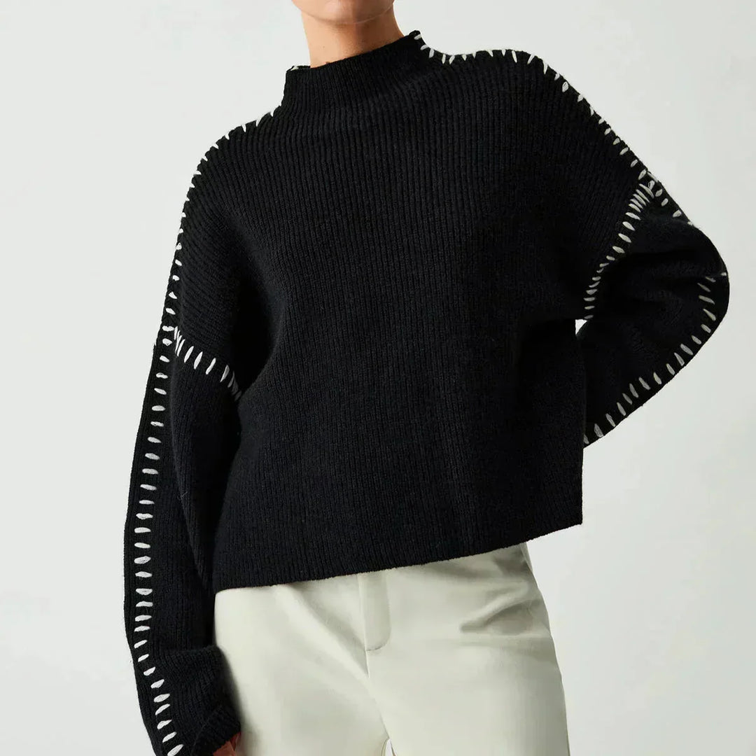 Editha™ | Women's Cropped Mock Neck Ribbed Sweater with Whipstitch