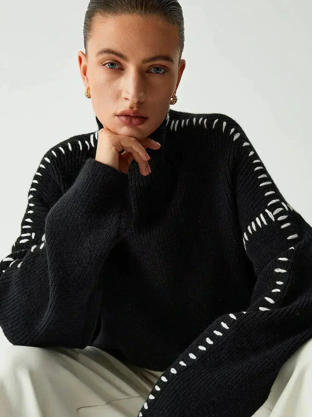 Editha™ | Women's Cropped Mock Neck Ribbed Sweater with Whipstitch