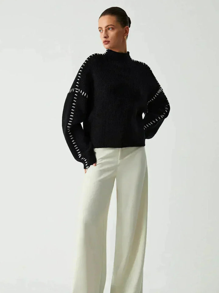 Editha™ | Women's Cropped Mock Neck Ribbed Sweater with Whipstitch