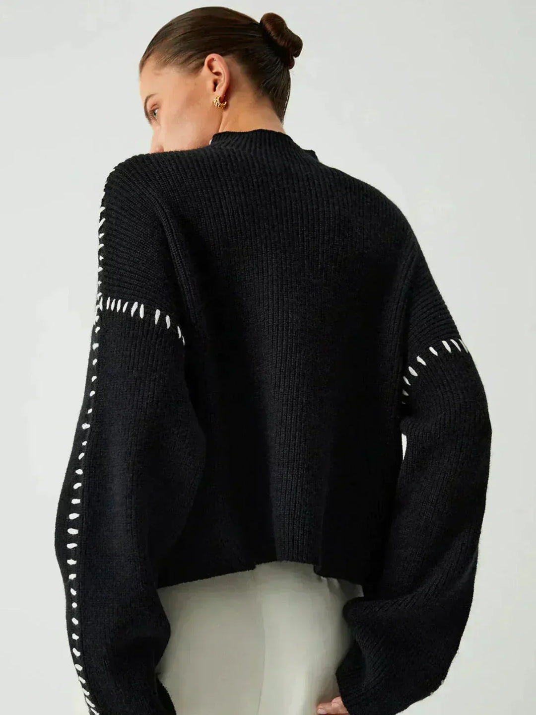 Editha™ | Women's Cropped Mock Neck Ribbed Sweater with Whipstitch