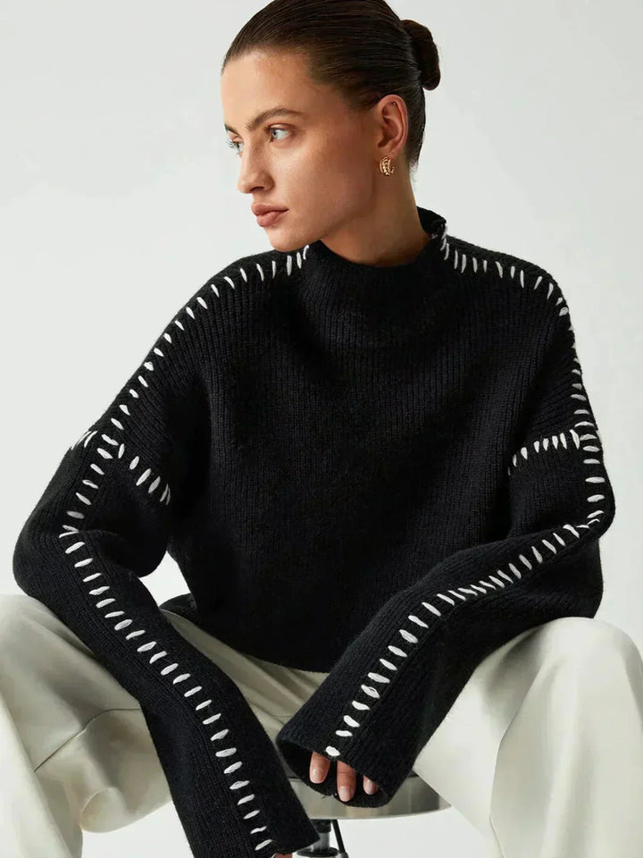 Editha™ | Women's Cropped Mock Neck Ribbed Sweater with Whipstitch