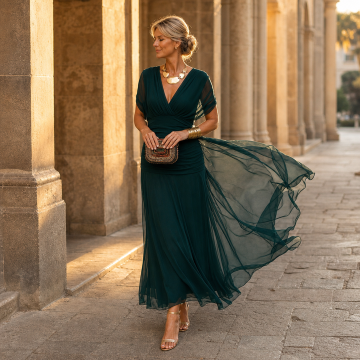 Donatella™ | Women's Off-Shoulder Wedding Guest Maxi Dress with Draped Bodice