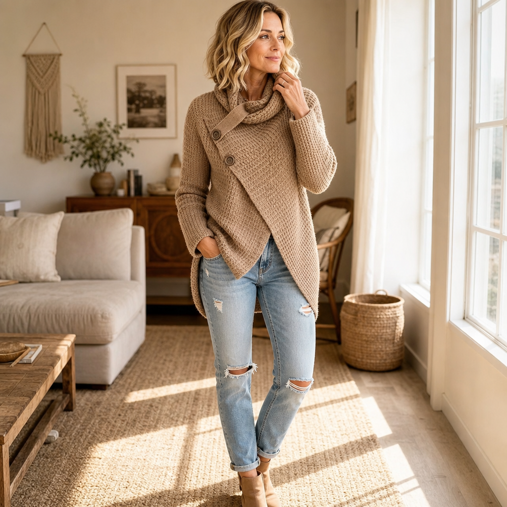 Lucrezia™ | Women's Asymmetric Cowl Neck Knit Sweater with Side Buttons