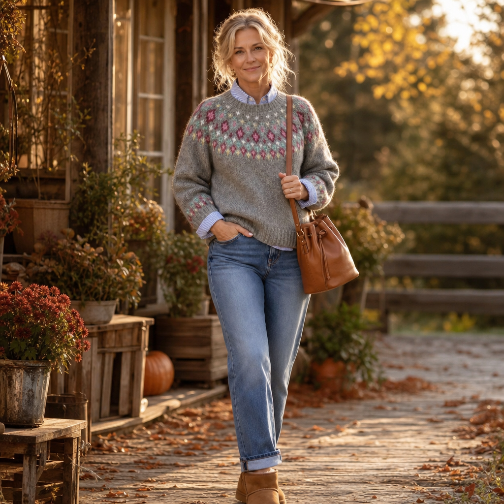 Thisbe™ | Women's Fair Isle Yoke Crew Neck Pullover Sweater