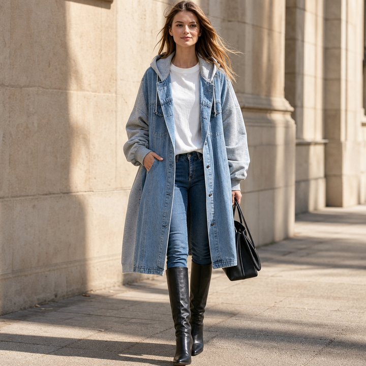Ninon™ | Women's Longline Hooded Jacket with Washed Blue Front