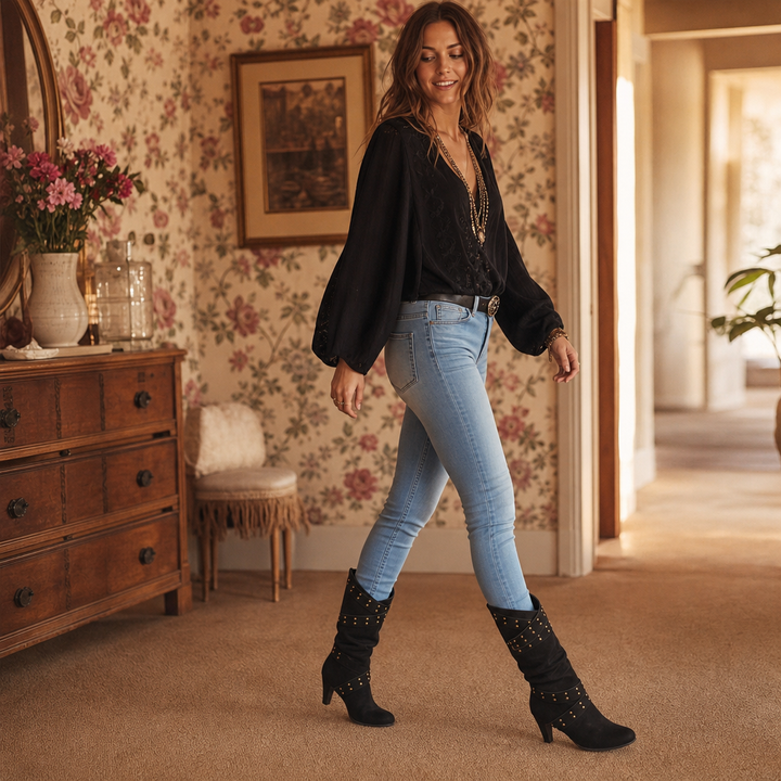 Louane™ | Women's Studded Western Slouch Knee-High Boots with Block Heel