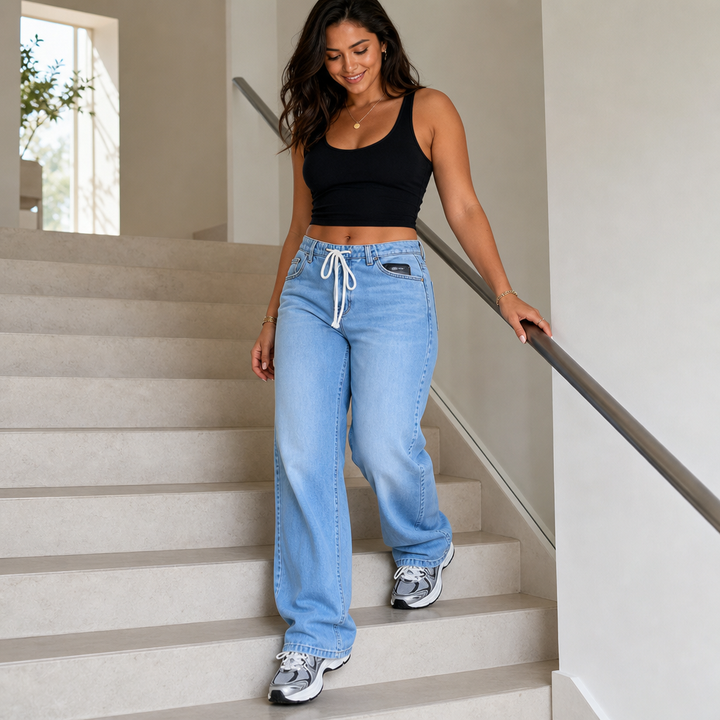 Albane™ | Women's High Waisted Wide Leg Jeans with Drawstring Waist