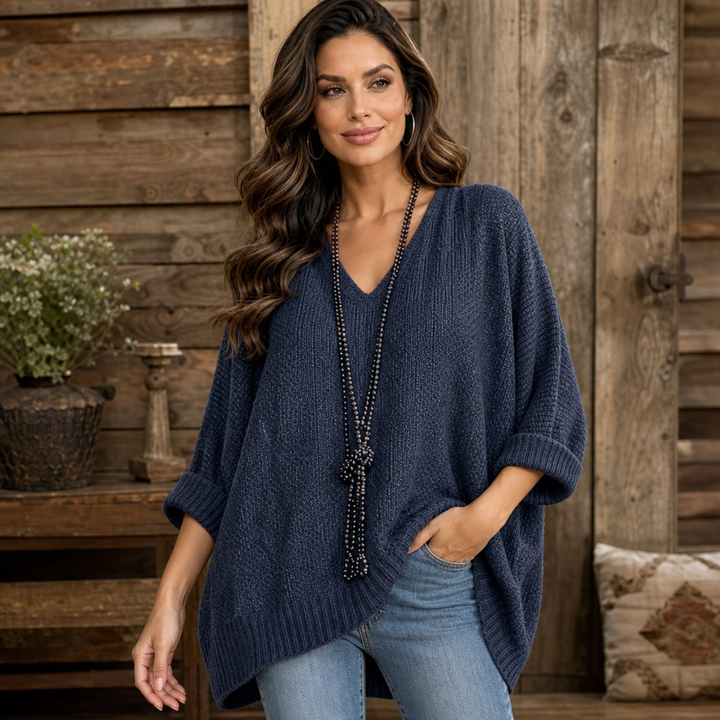 Octavie™ | Women's Oversized Open-Knit V-Neck Sweater in Blue