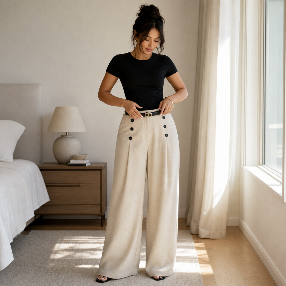 Wilhelmine™ | Women's High Waisted Pleated Wide Leg Trousers with Button Detail