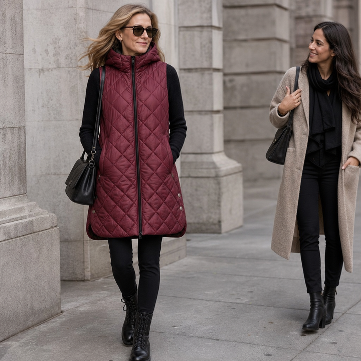Micheline™ | Women's Long Quilted Hooded Vest with Zip Front