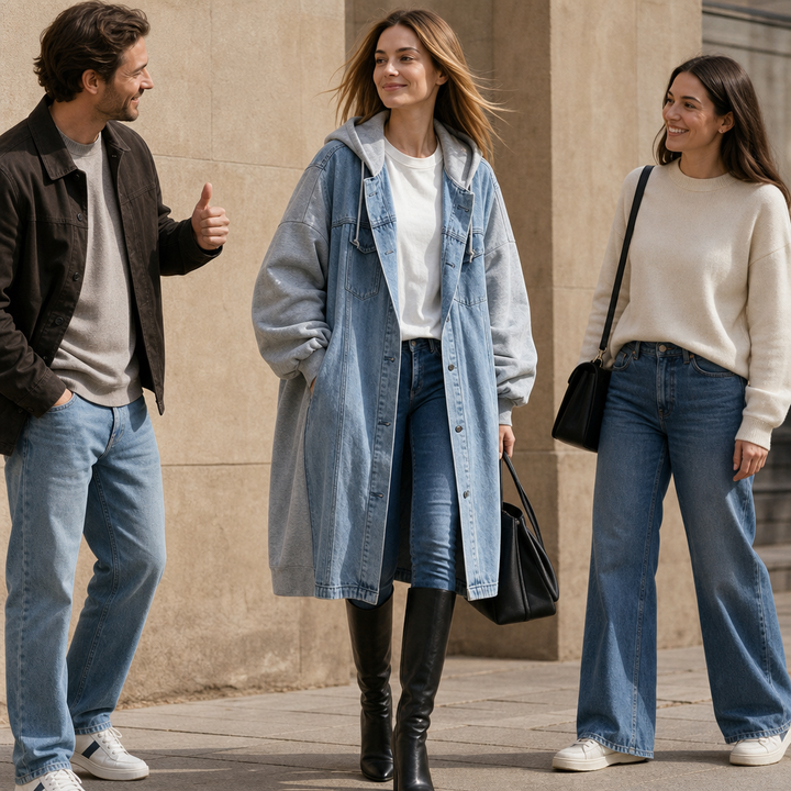 Ninon™ | Women's Longline Hooded Jacket with Washed Blue Front
