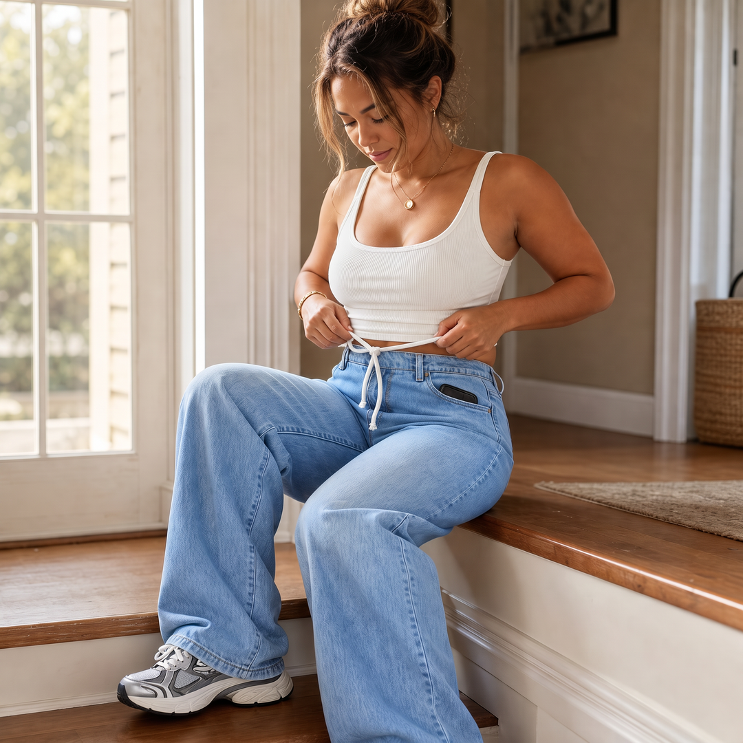 Albane™ | Women's High Waisted Wide Leg Jeans with Drawstring Waist