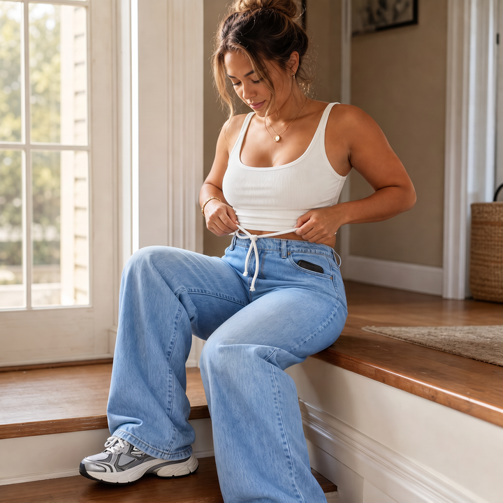 Albane™ | Women's High Waisted Wide Leg Jeans with Drawstring Waist