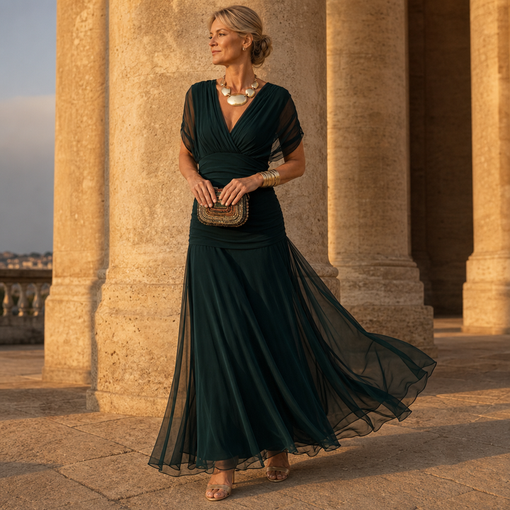 Donatella™ | Women's Off-Shoulder Wedding Guest Maxi Dress with Draped Bodice